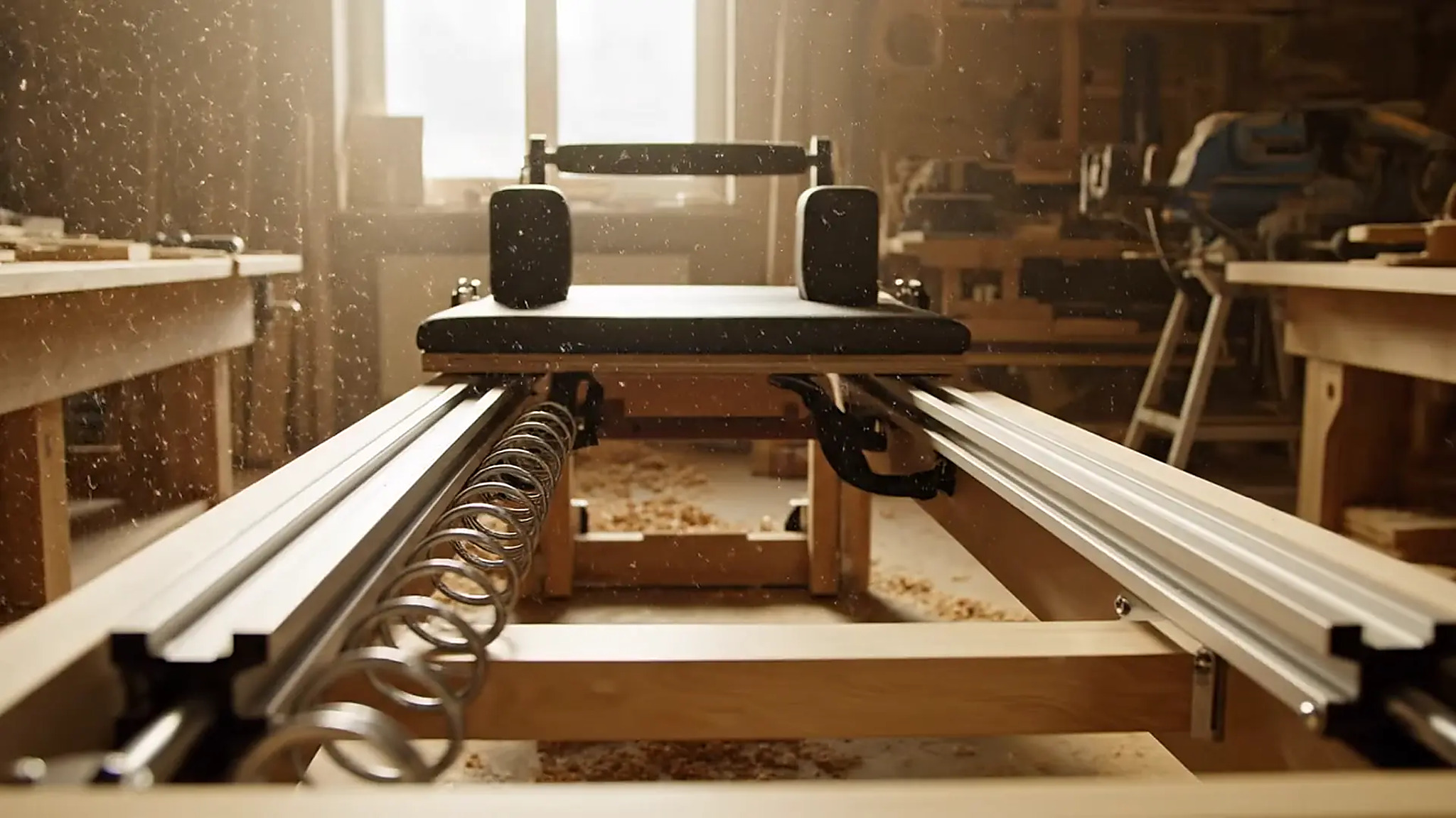 A reformer frame being assembled on the workshop bench